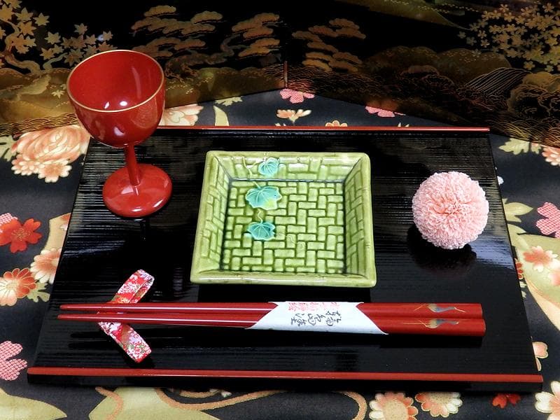 珉平焼 淡路焼 蔦図に網代の図 手塩皿 角皿 2枚