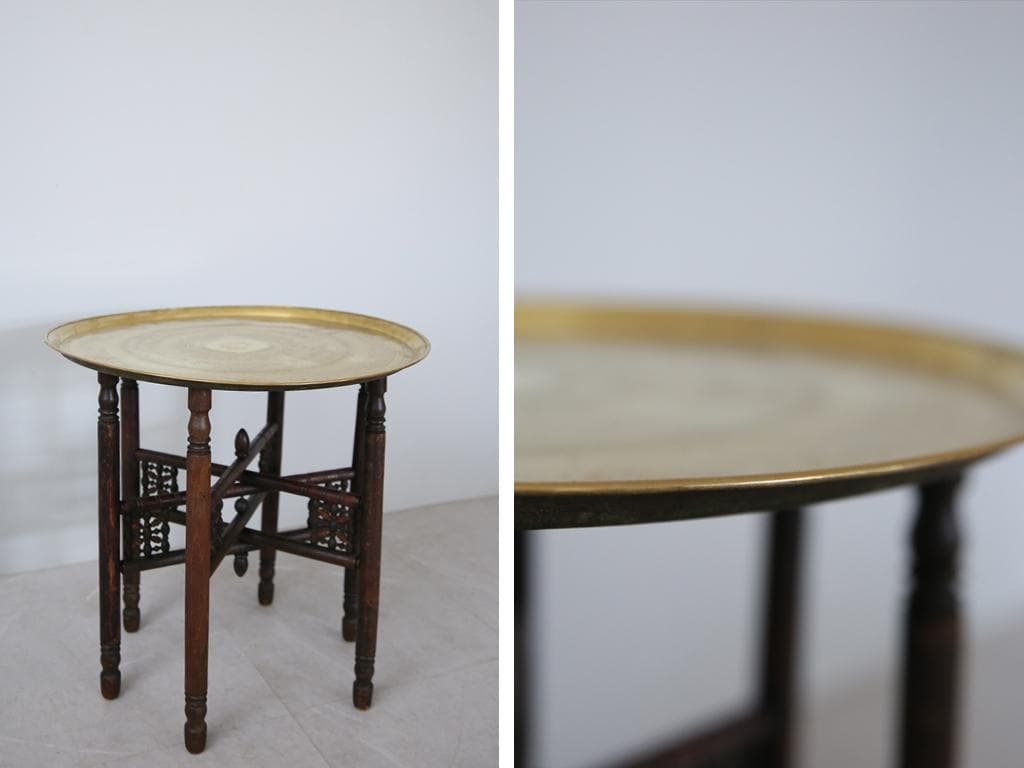 英国アンティーク真鍮製サイドテーブル/木製丸机/折畳式飾り棚/花台(89