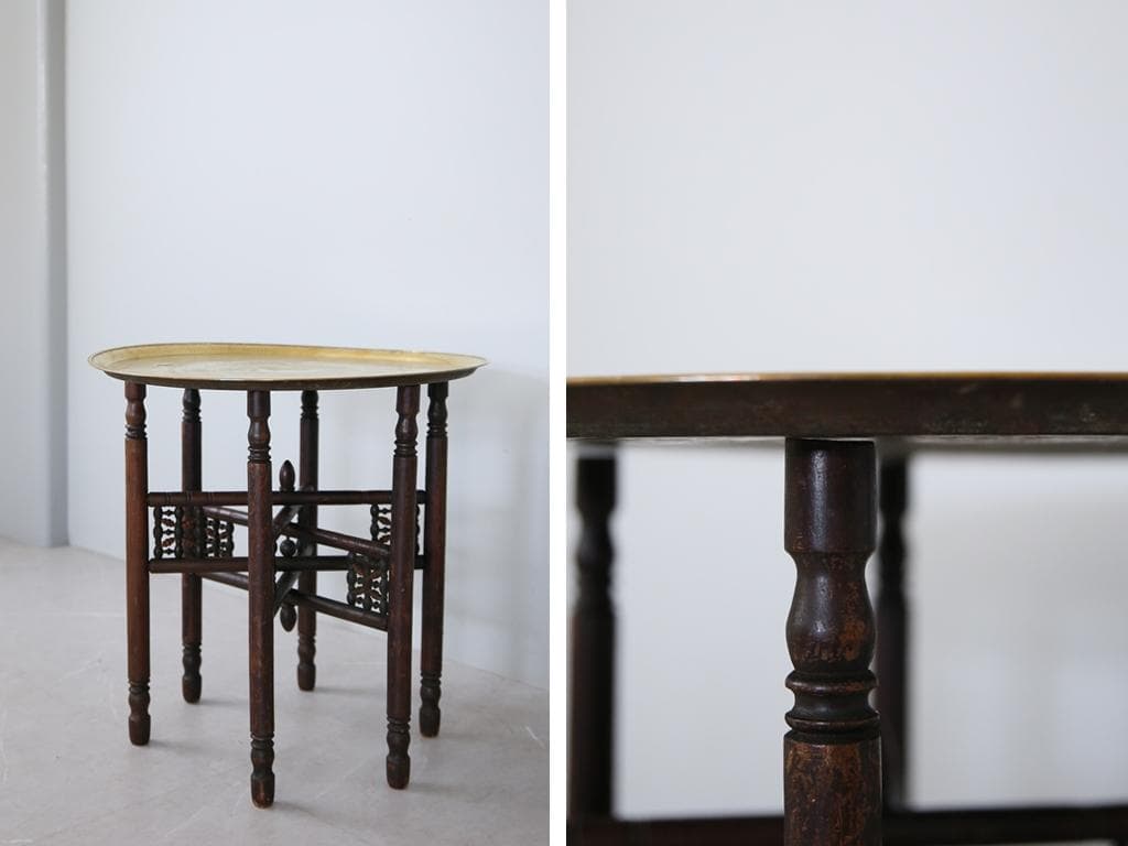 英国アンティーク真鍮製サイドテーブル/木製丸机/折畳式飾り棚/花台(89