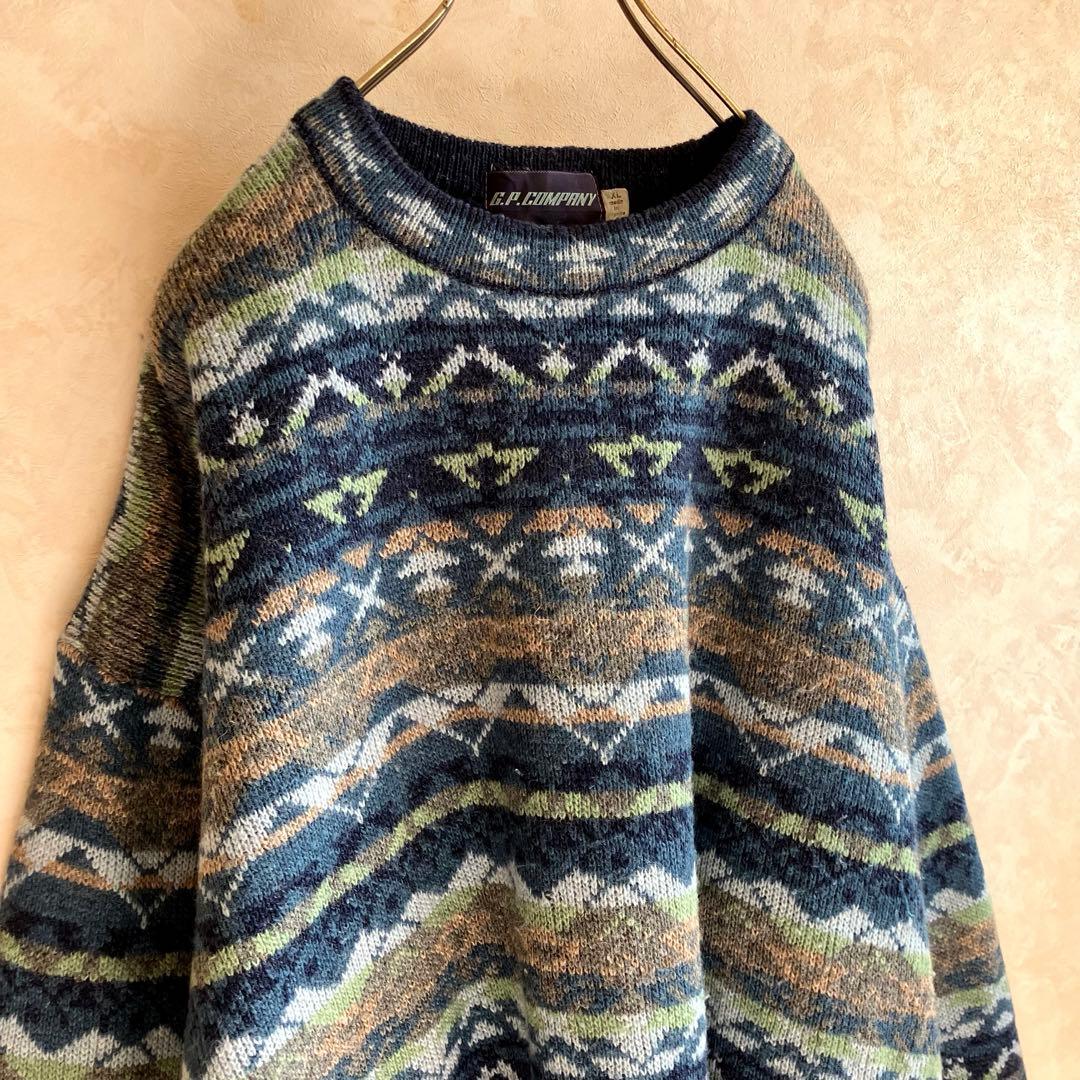 希少 80's フランス製 C.P.COMPANY ウールセーター 青 XL