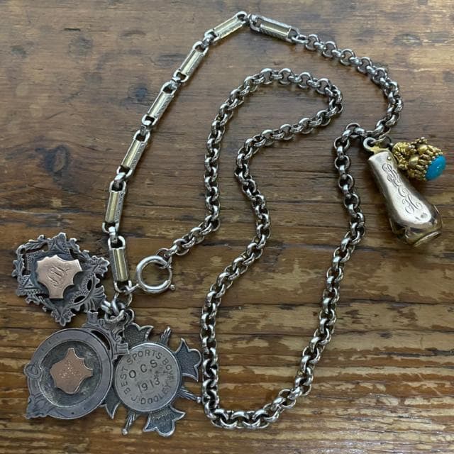 1900年代初頭 英国 アンティーク 純銀 アルバートチェーン ネックレス