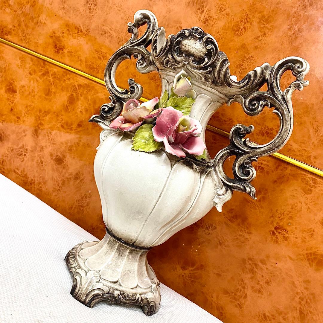 イタリア製 アンティーク ロココ調 フラワー装飾 陶器 カポディモンテ 4点