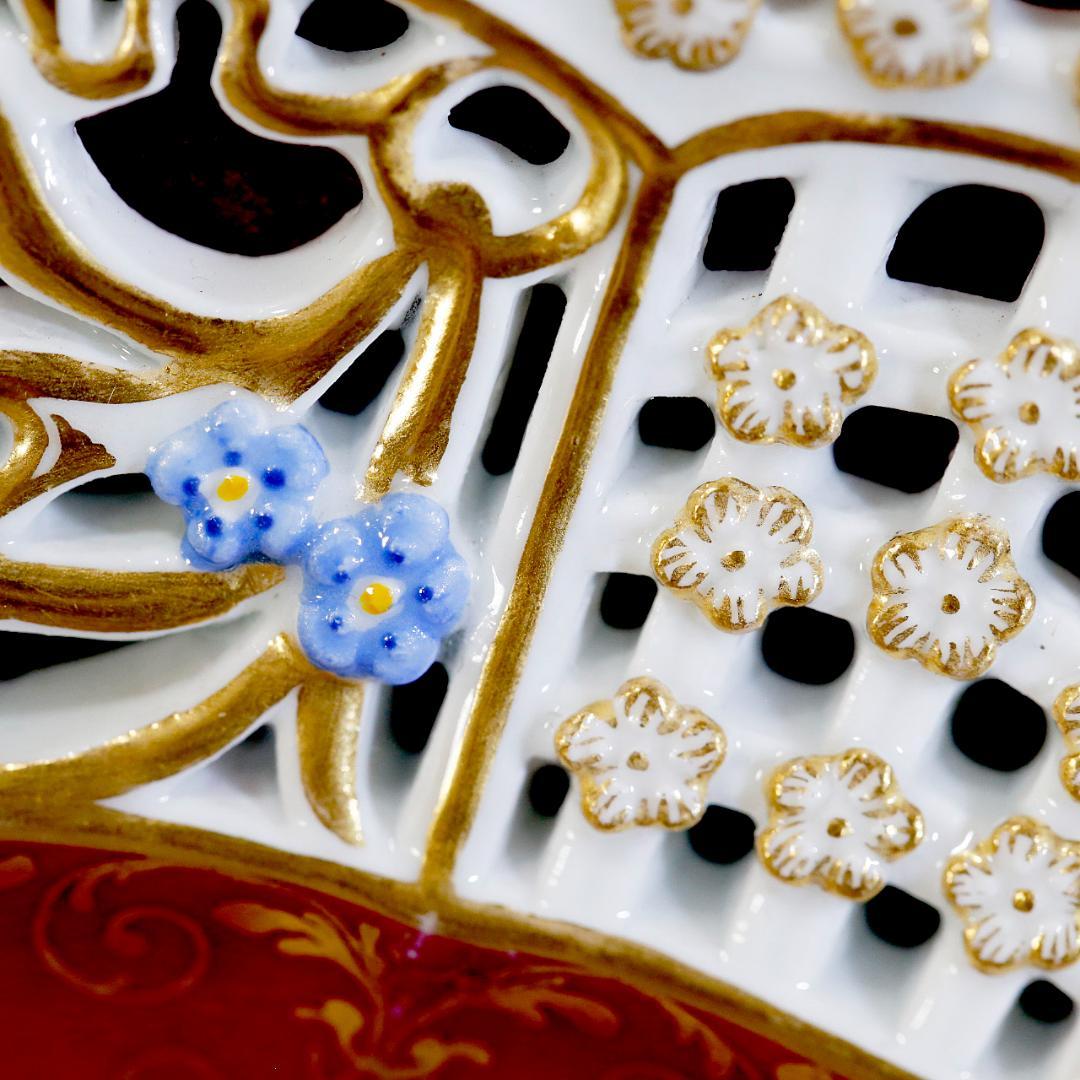 マイセン 忘れな草 透かし彫 恋人 ワトー風 飾り皿 ボタン剣 額装 19