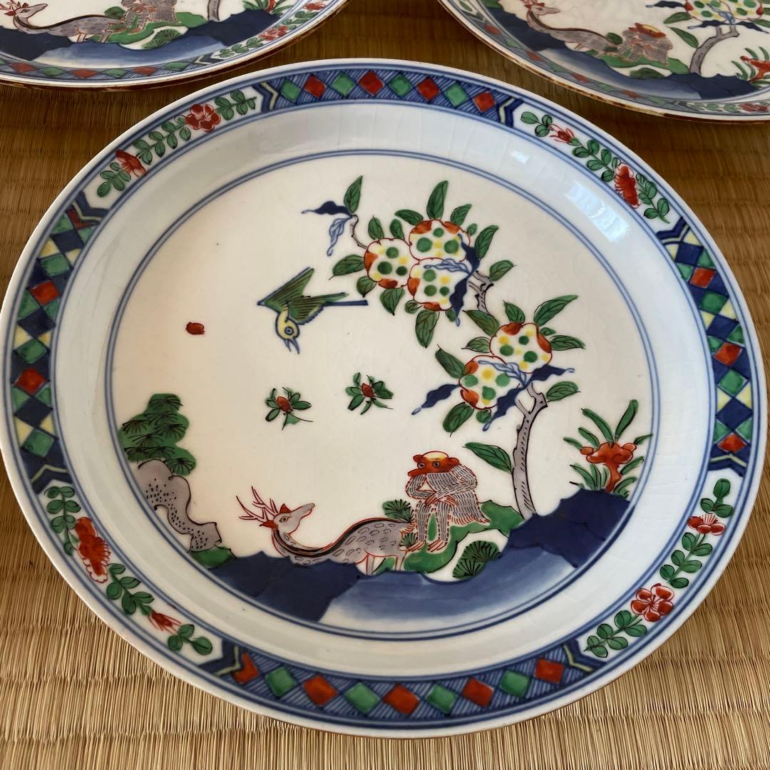 五彩猿鹿蜂文七寸皿 5客 大明成化年製