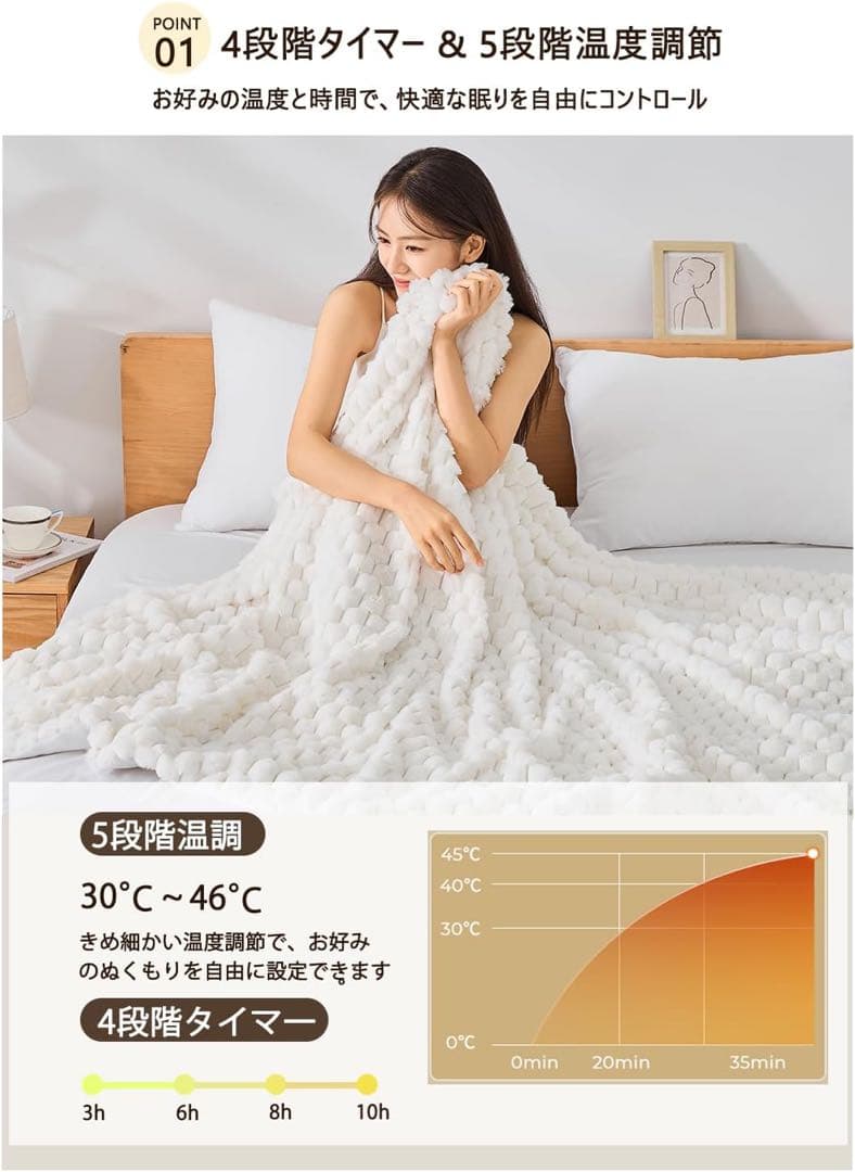 電気毛布 190×130㎝ 掛け敷き兼用 4段階タイマーふわふわ 厚手 大きめ