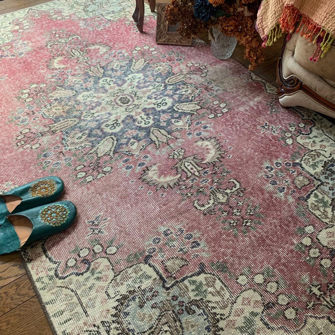 ペールピンク トルコヴィンテージラグ 215×116 メダリオン