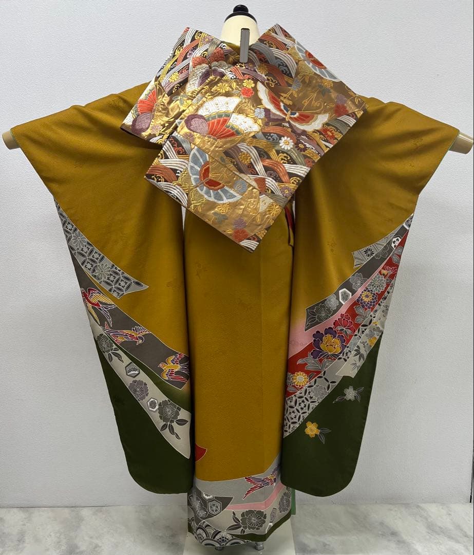 振り袖 フルセット 別誂長襦袢 美品 紅型 辛子色 成人式 結婚式 762