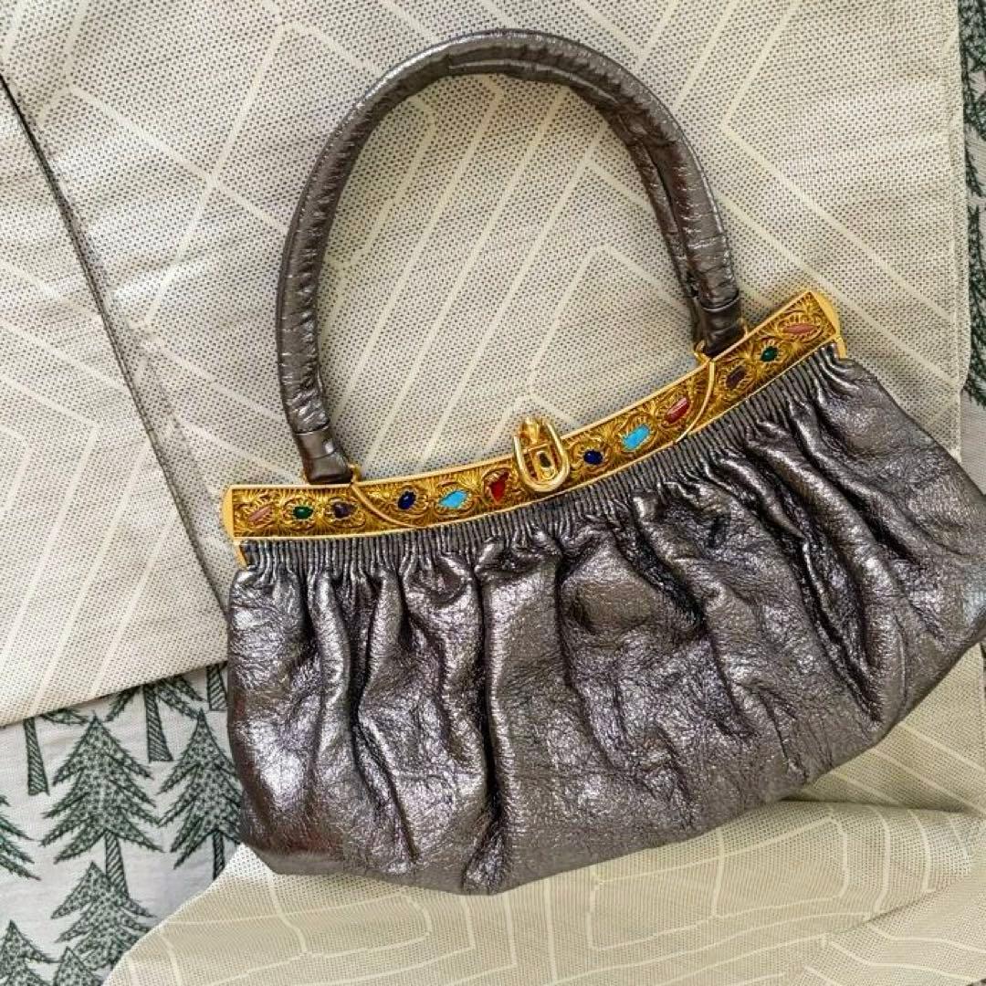 希少 濱野 ハマノHAMANO サンピエトロ 天然石飾りギャザーハンドバッグ