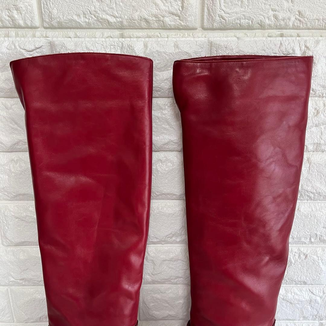 極美品】Sergio rossiレッド 本革ロング ブーツ 22.5ベルト装飾 - メルカリ