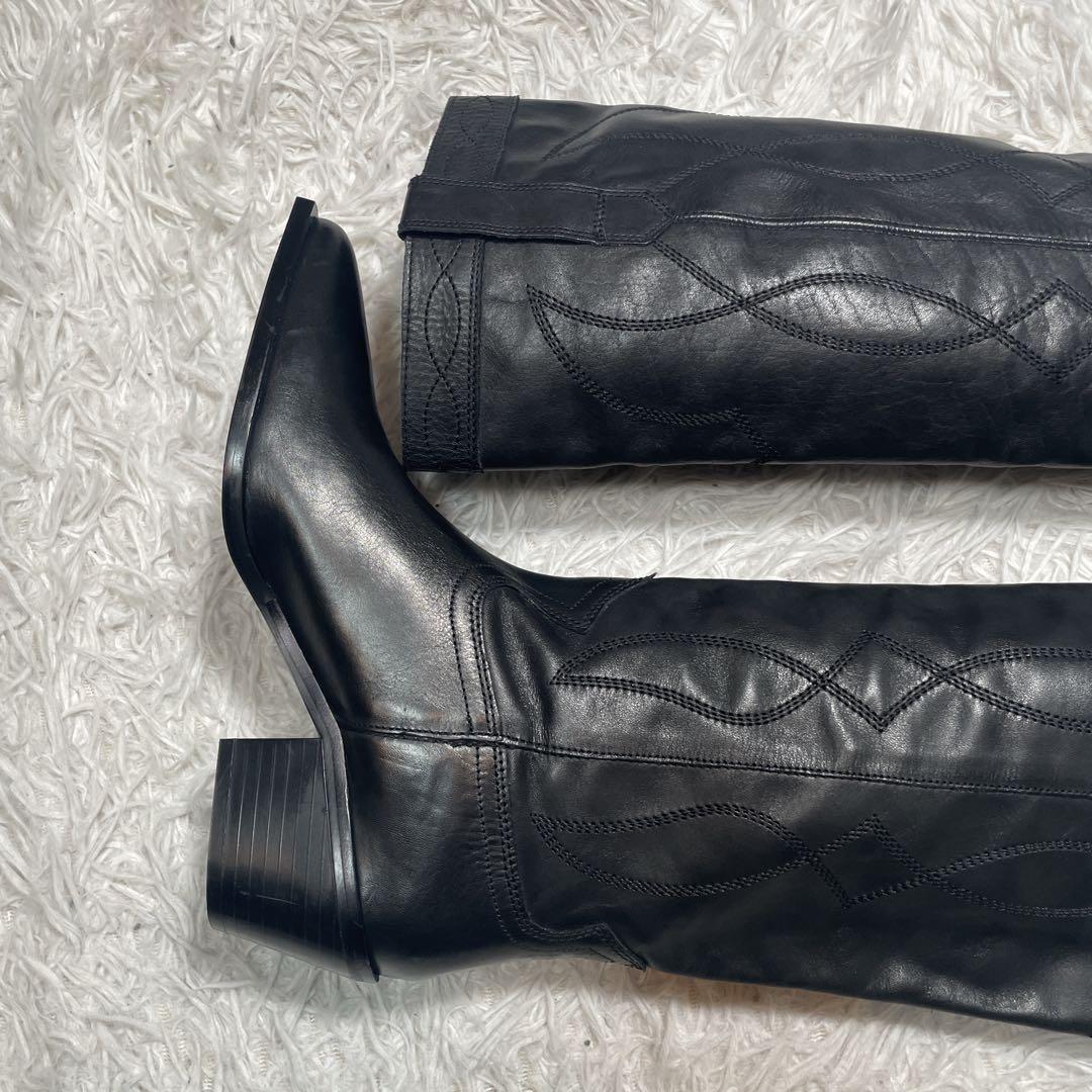 新品　未使用　ZARA ウエスタンブーツ　ロング　レザー　ブラック　25.5cm