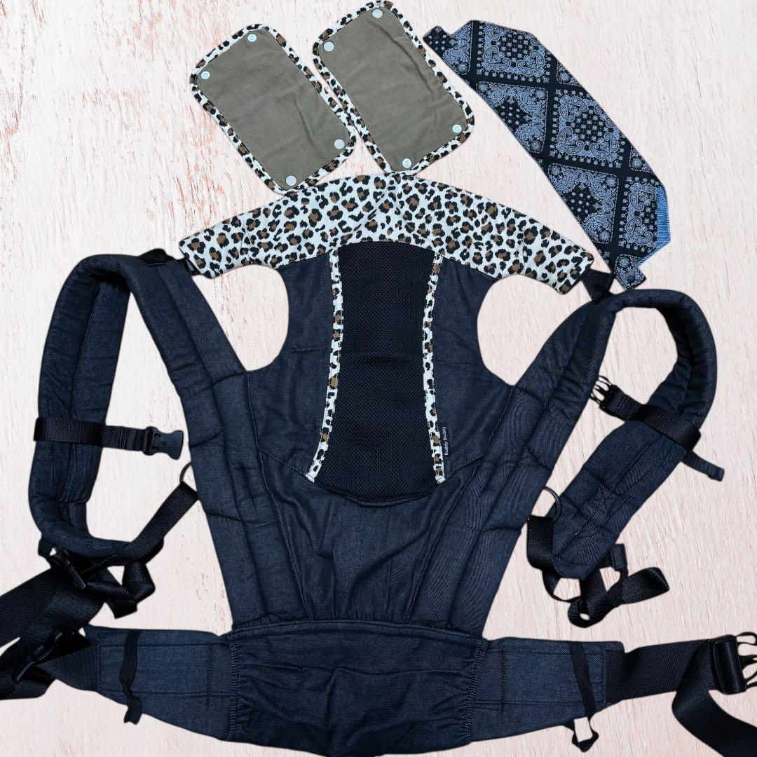 値下げBuddybuddy 抱っこ紐 おんぶ紐 デニムブラックレオパードヒョウ