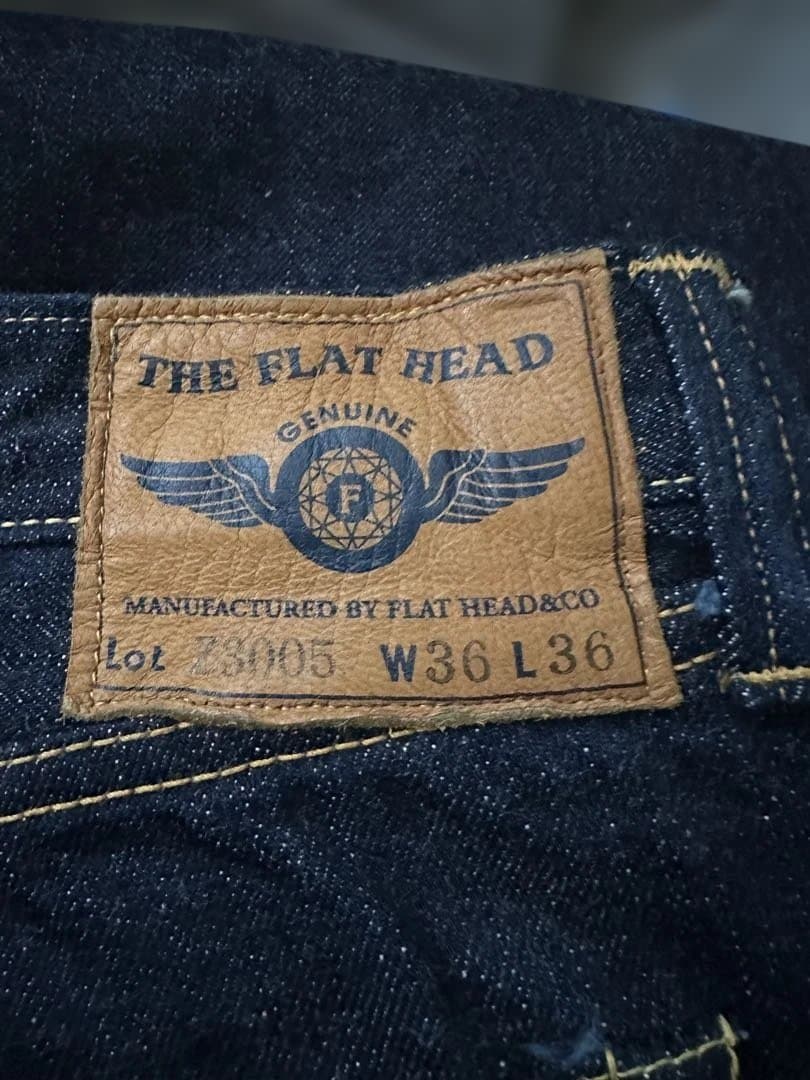 【美品】フラットヘッド Z3005 W36 濃紺 裾上げなし 新品ワンウォッシュ The Flat Head（フラッドヘッド） Z3005-12周年記念モデル・バンダナ付