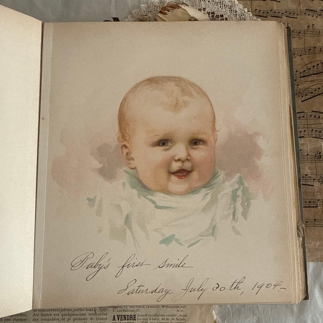稀少1904年美しいアンティーク雑記帳ベビーアルバム洋書ジャンク