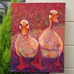 油絵専用夕方寄りそって帰るアヒルの恋人たち