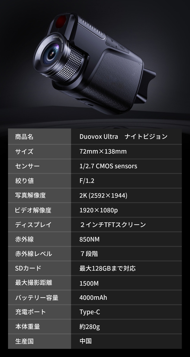 DUOVOX 2K ナイトビジョン ビデオカメラ（カラー暗視） Duovox 暗闇が