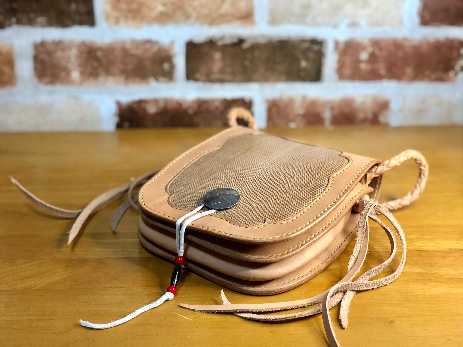 現品限り】リザードインレイメディスンバッグ【ヌメ革×トカゲ革