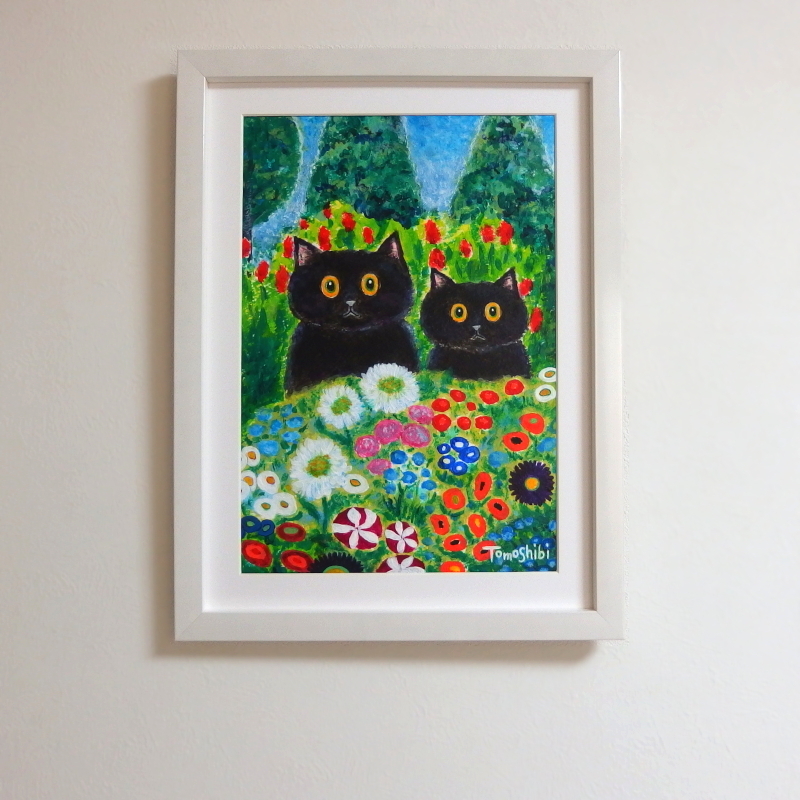 油絵菅家令子絵 絵画インテリア額付(青緑＋金色の枠)F4-040214猫親子