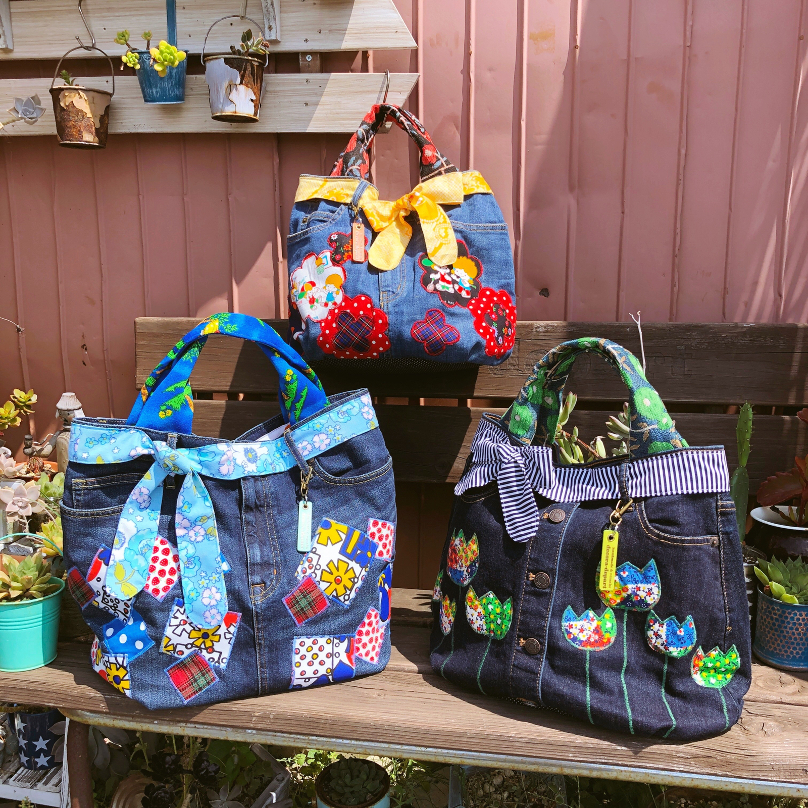 デニムリメイク☆トートバッグ 【L／スクエアパッチ】 - DECORA'S
