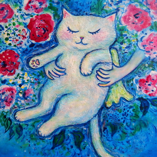 原画 「再会の夜（シャガールへのオマージュ）」 F10号 ＃絵画 ＃ねこ
