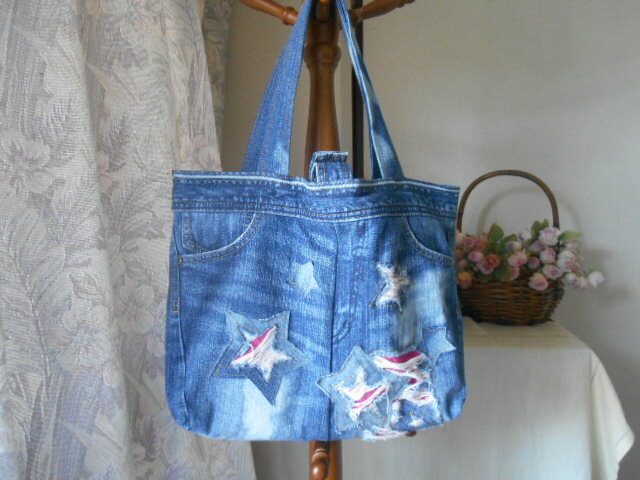 デニムリメイク トートバッグ エコバッグ 大きめ 星 切りっぱなし