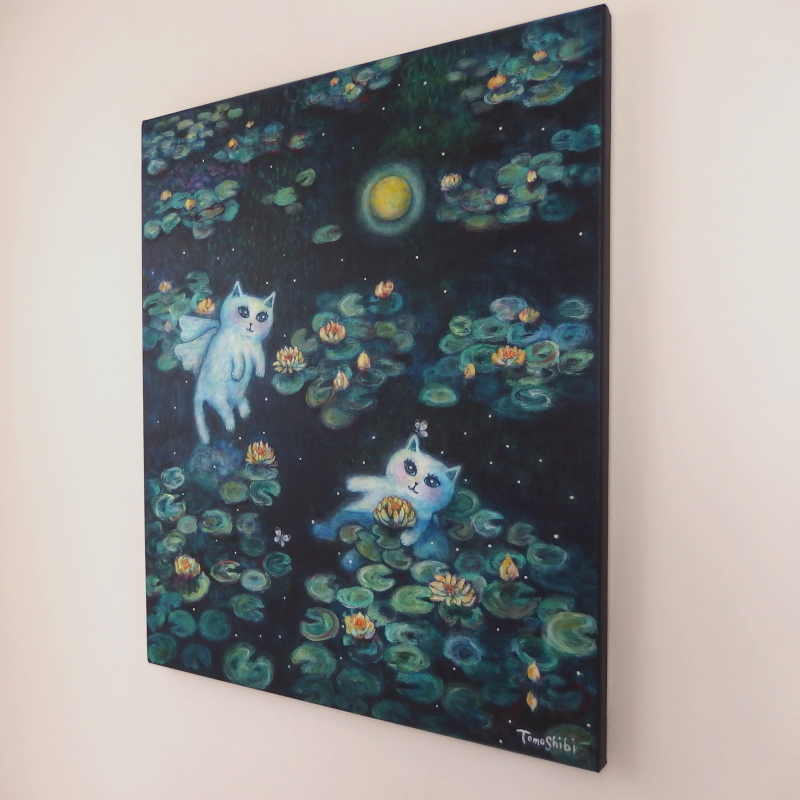 原画 「星降る黄色い睡蓮の池の天使猫」 F10号 ＃絵画 ＃ねこ ＃猫の絵