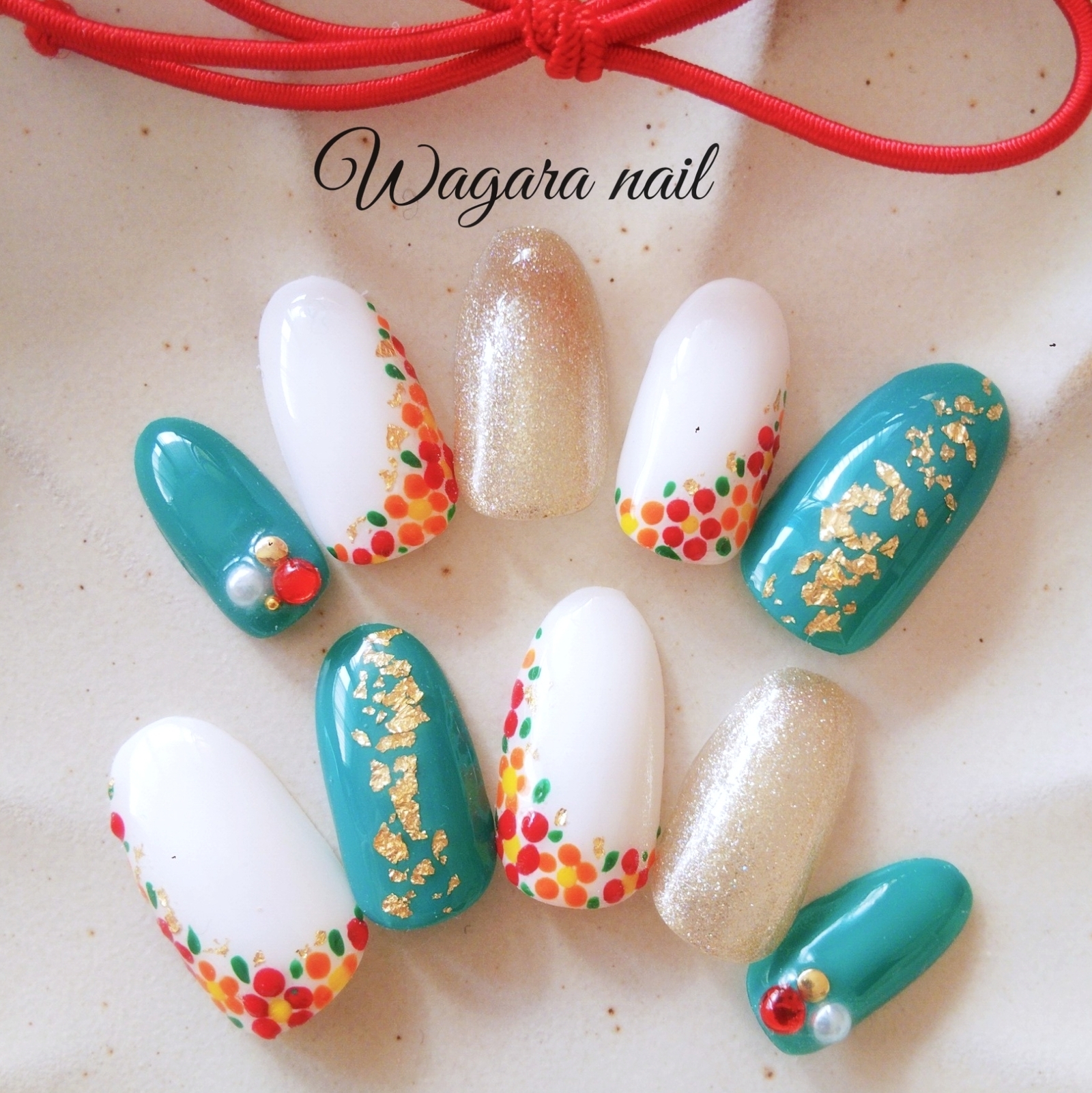 成人式*°和柄ネイルチップ【青 緑 成人式 卒業式 ネイルチップ 振袖 花