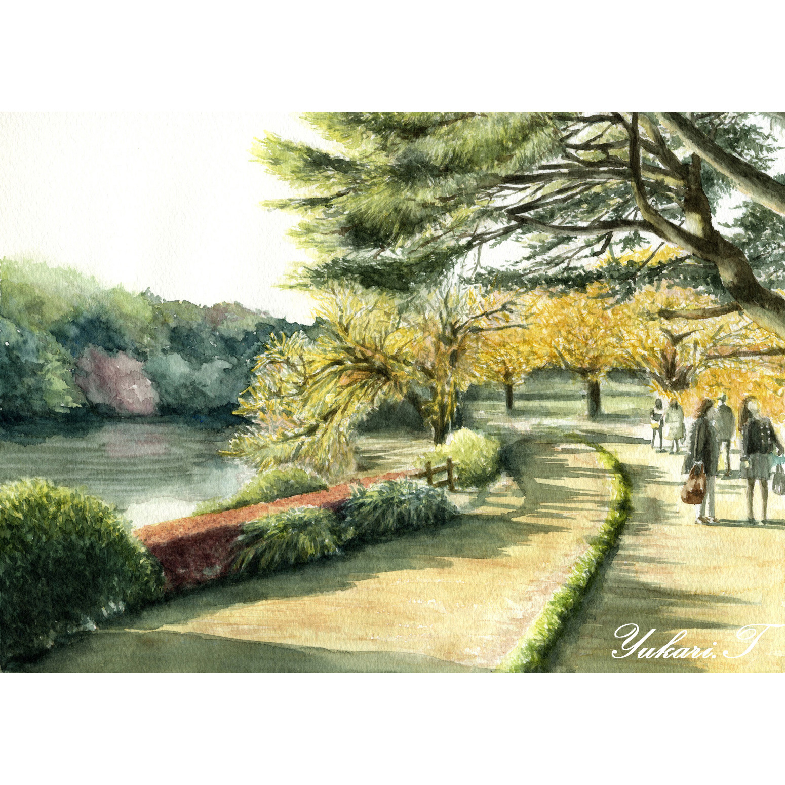 原画】いつもの道（水彩画）☆風景画 絵画インテリア プレゼントに