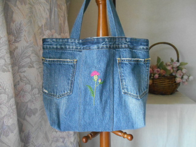 デニムリメイク トートバッグ エコバッグ 手提げ 肩掛け 手刺繍 アザミ