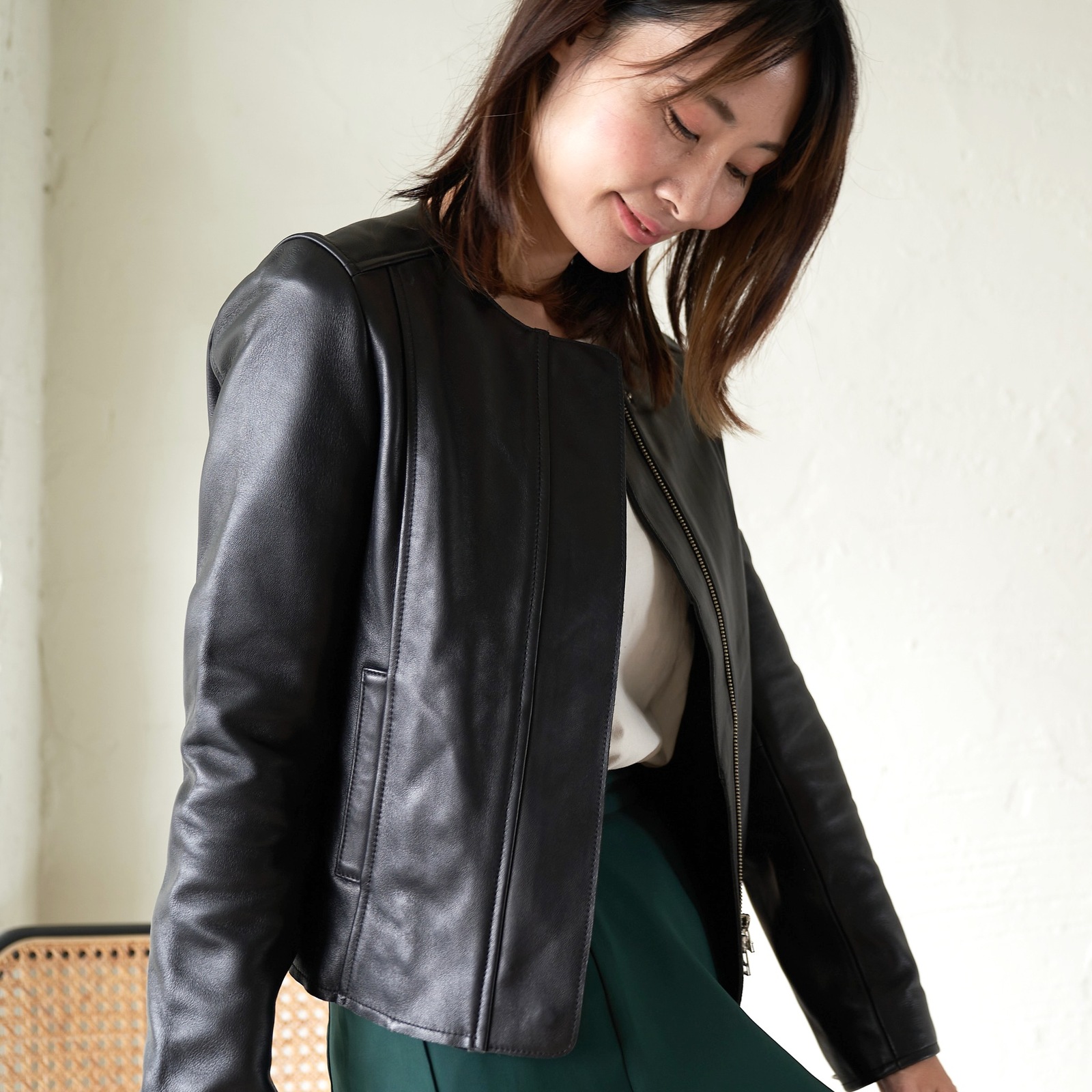 極美品】もりのがっこう ラムレザー ライダース ノーカラージャケット