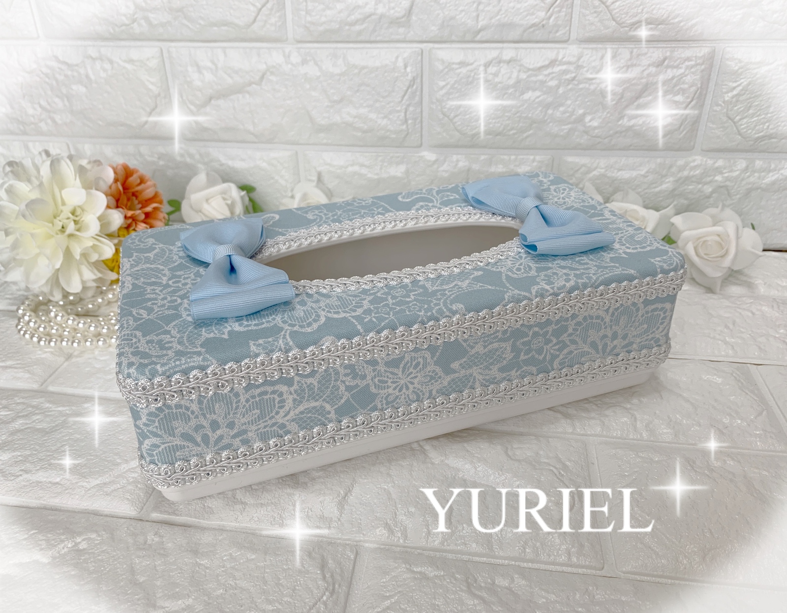 ボックスティッシュケース 見せるインテリア 水色レース - YURIEL'S