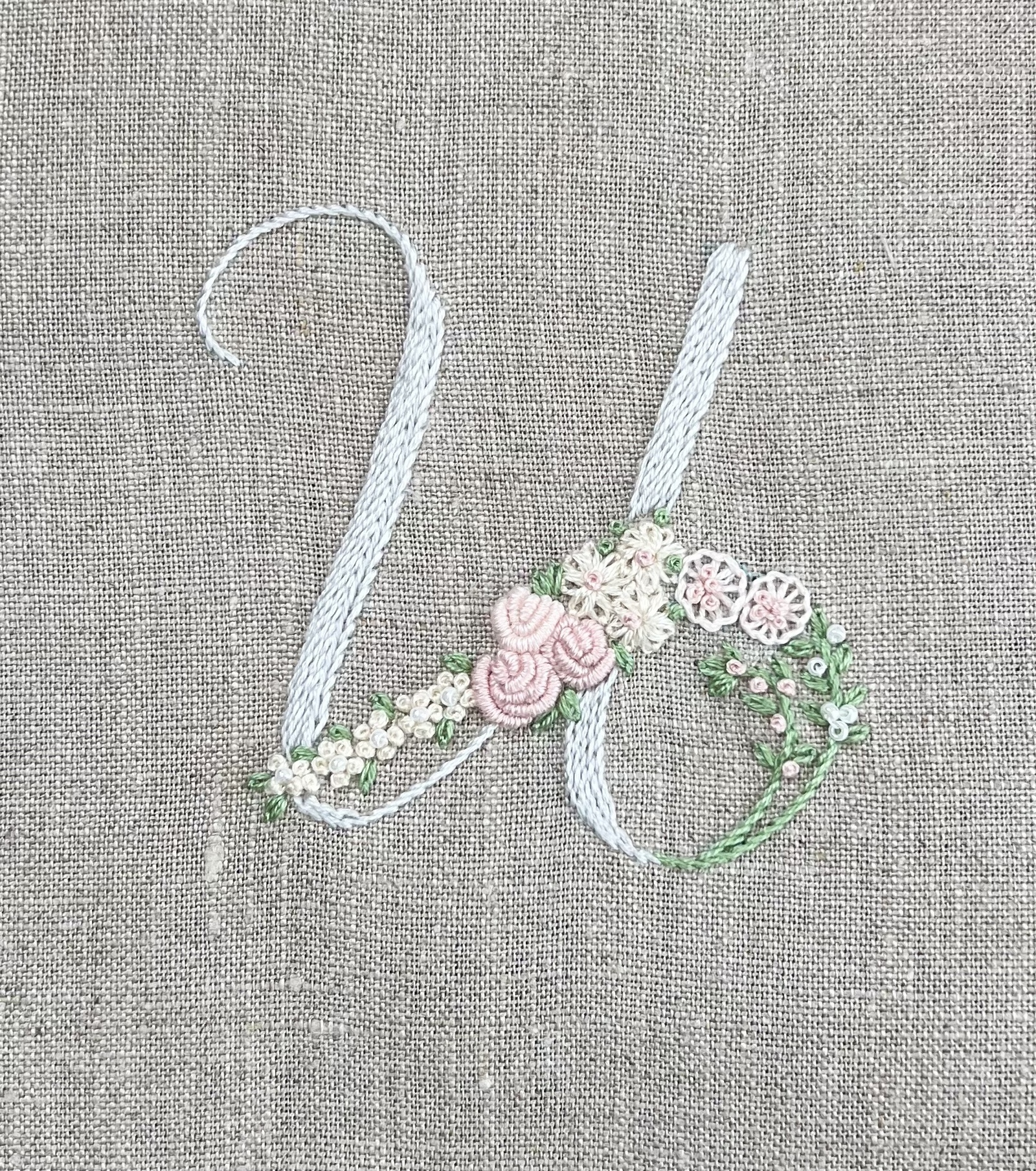 お花とアルファベットの刺繍キット U グレー系 - 刺しゅうのお店