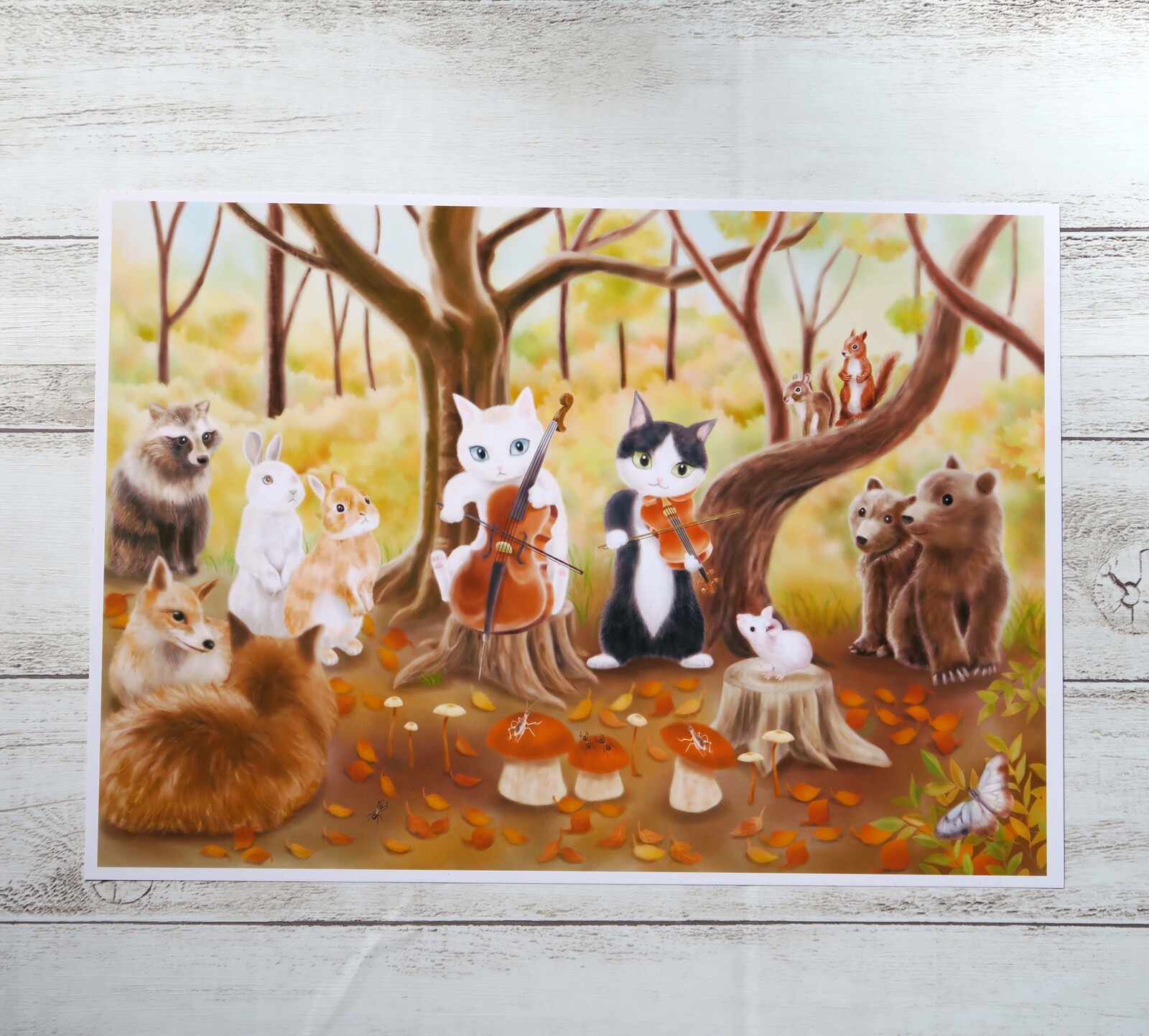 A4ポスター〈秋の森の演奏会～にゃんこの音楽会②〉バイオリンとチェロ