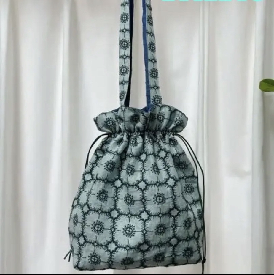 ミナペルホネン アネモネ生地使用 ミント色 巾着バッグ - GOGO GALLERY