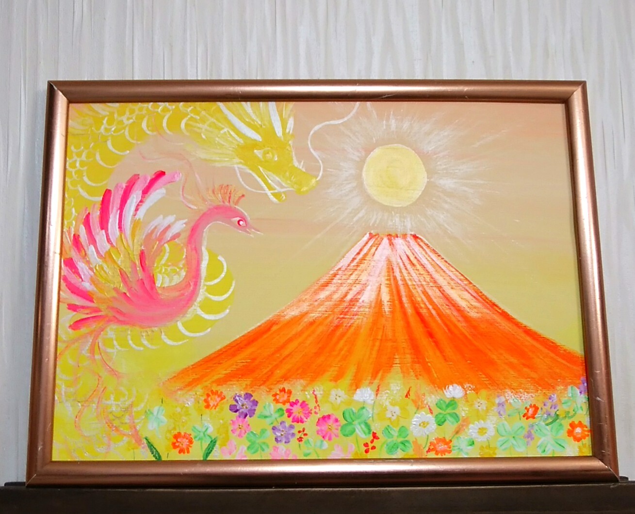 風水開運絵画＊幸華寿 龍と鳳凰～春を告げる～幸運 四つ葉のクローバー