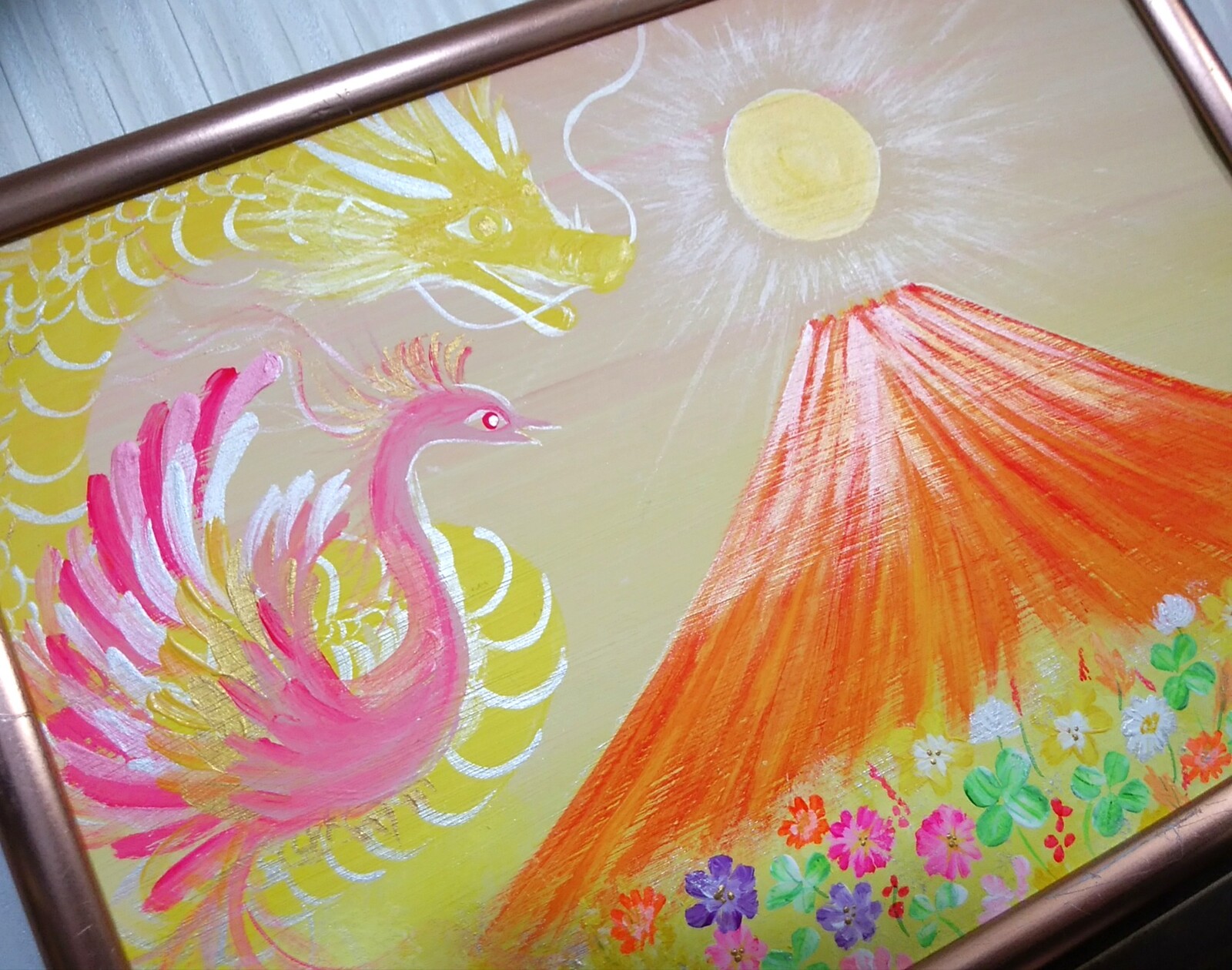 風水開運絵画＊幸華寿 龍と鳳凰～春を告げる～幸運 四つ葉のクローバー