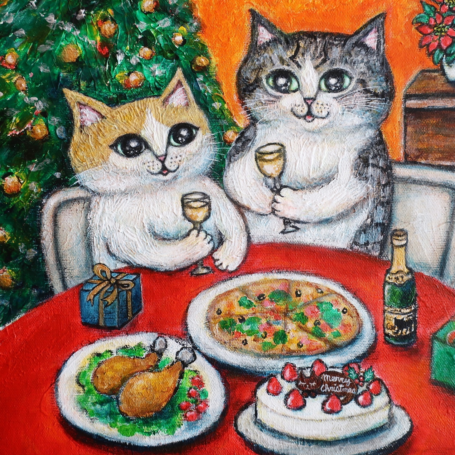 絵画 。壁掛け絵☆【猫ちゃんたちの幸せなクリスマスパーティー】05