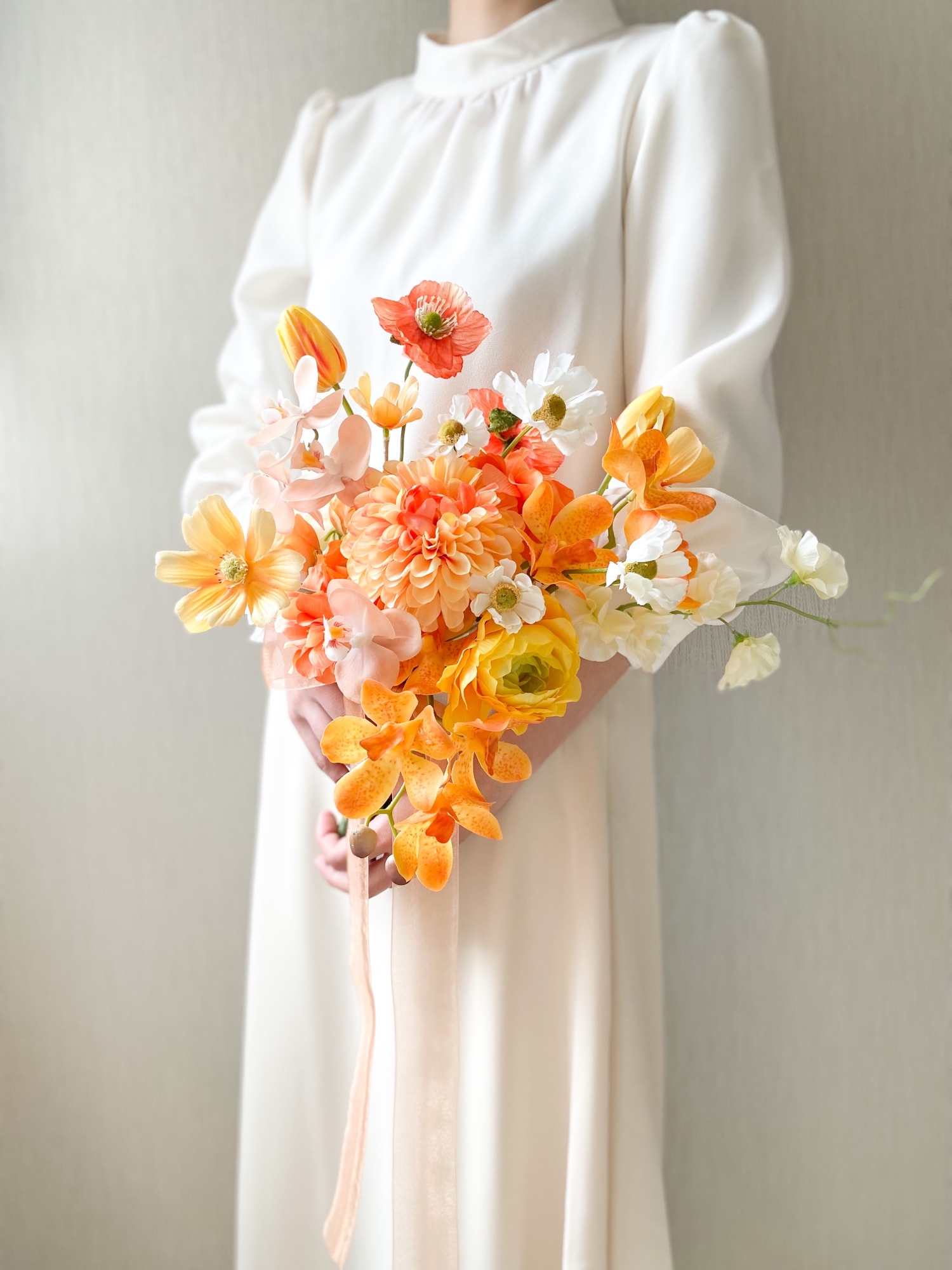 オレンジブーケ アーティフィシャルフラワーブーケ ブートニアセット