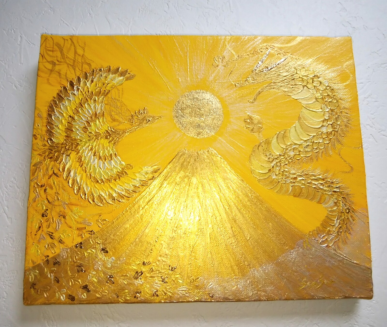 風水開運黄金絵画＊純金箔 黄金昇龍と鳳凰日の出金富士 金運 出世財運