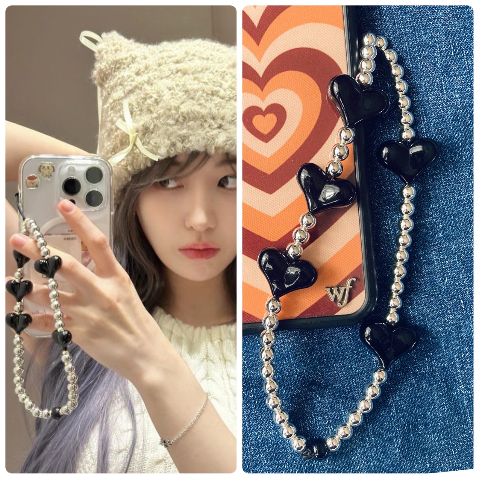 インポート⭐︎ハート シルバー ビーズストラップ スマホストラップ