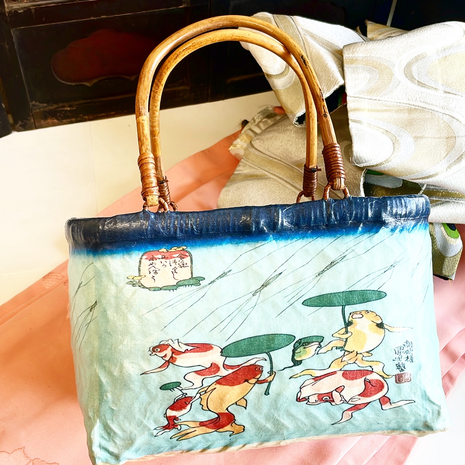 梅と猫 一閑張り バッグ かごバッグ ハンドバッグ 和猫 浮世絵 和柄