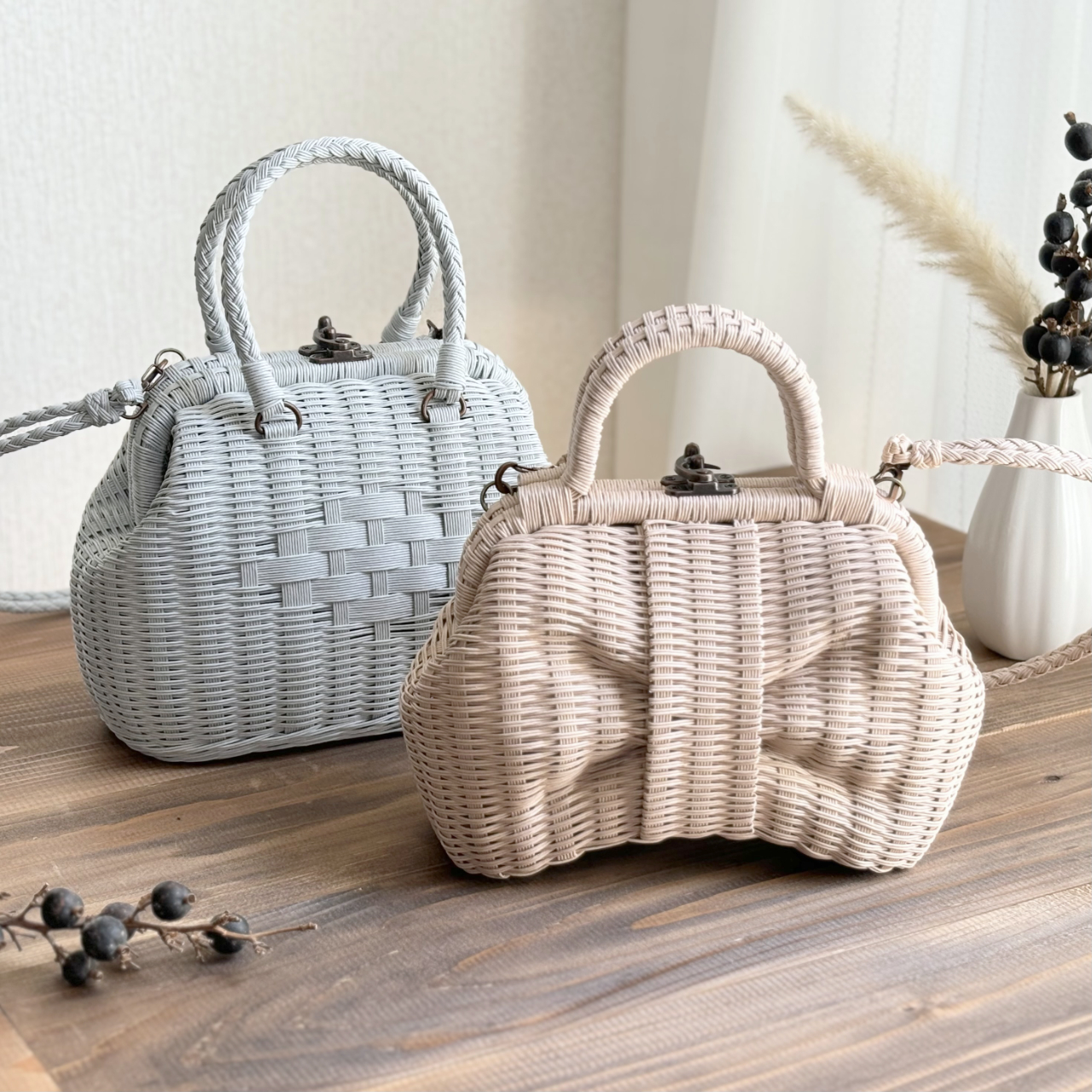 受注制作】かごバッグ - リボン - Mサイズ - LOPのがまぐちバスケット