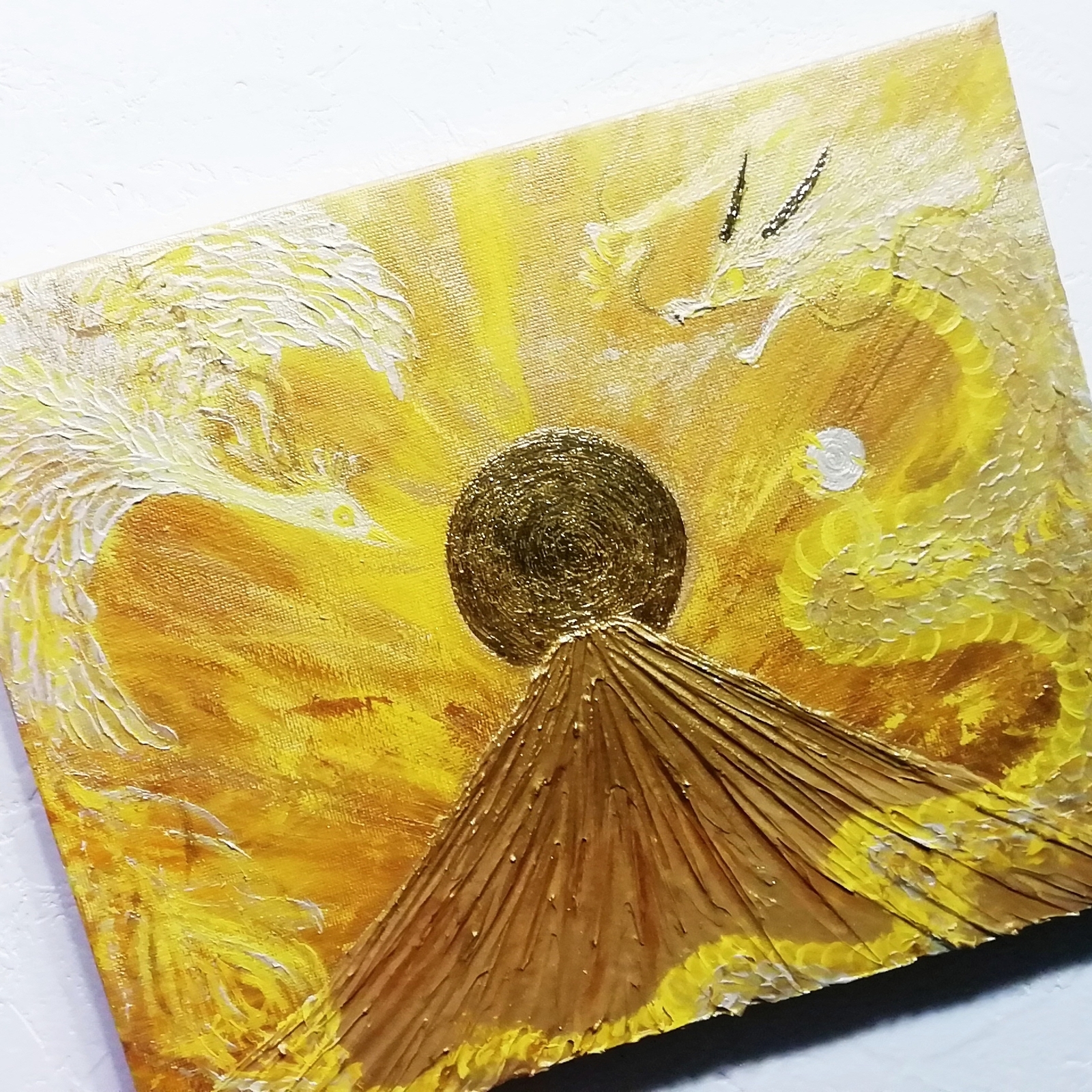 完売 風水開運黄金絵画＊金箔陽光 黄金昇龍と鳳凰日の出金富士 金運