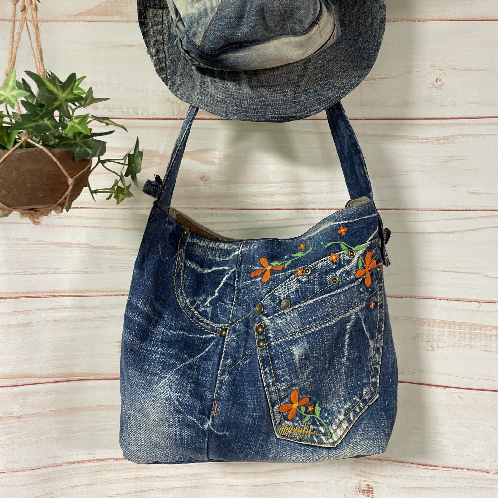 デニムリメイク花刺繍大人可愛いショルダートートバッグbag-0024