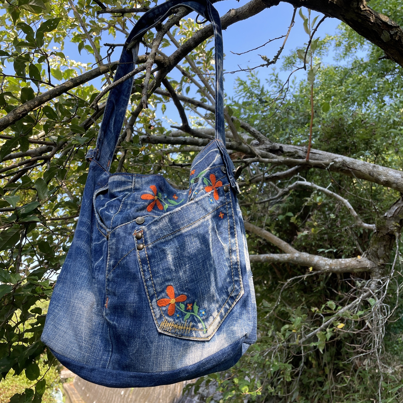 デニムリメイク花刺繍大人可愛いショルダートートバッグbag-0024