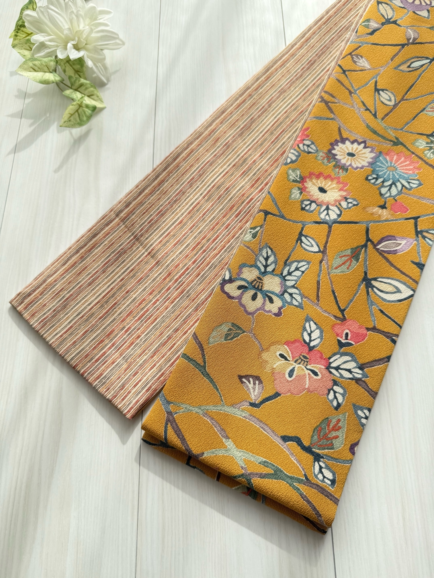 半幅帯 正絹 リバーシブル 紅型 ベージュ地 浜ちりめん×鮫小紋 小豆色