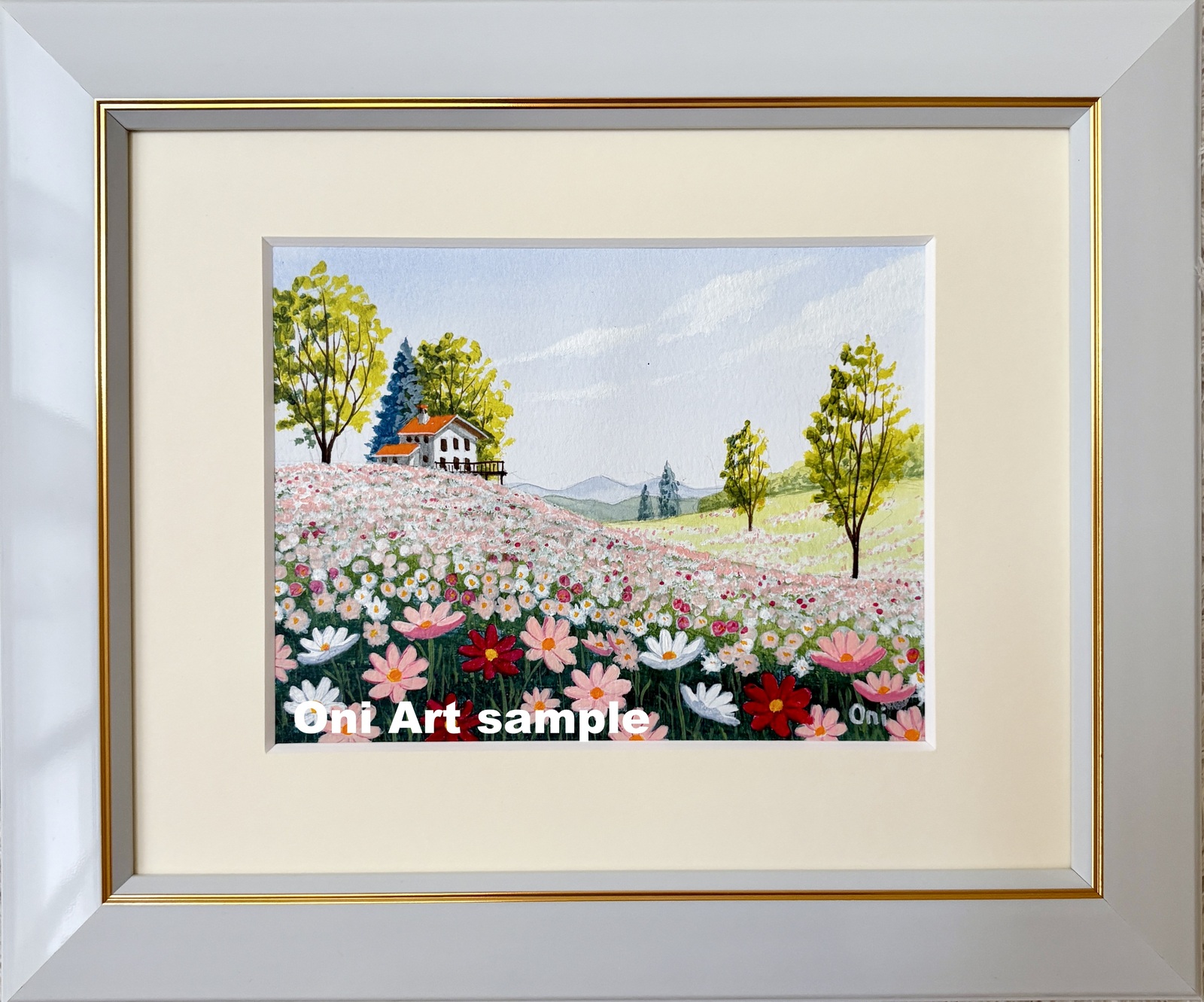 透明水彩画 原画 「雪原の朝焼け02」額縁付 風景画 F4サイズ 透明