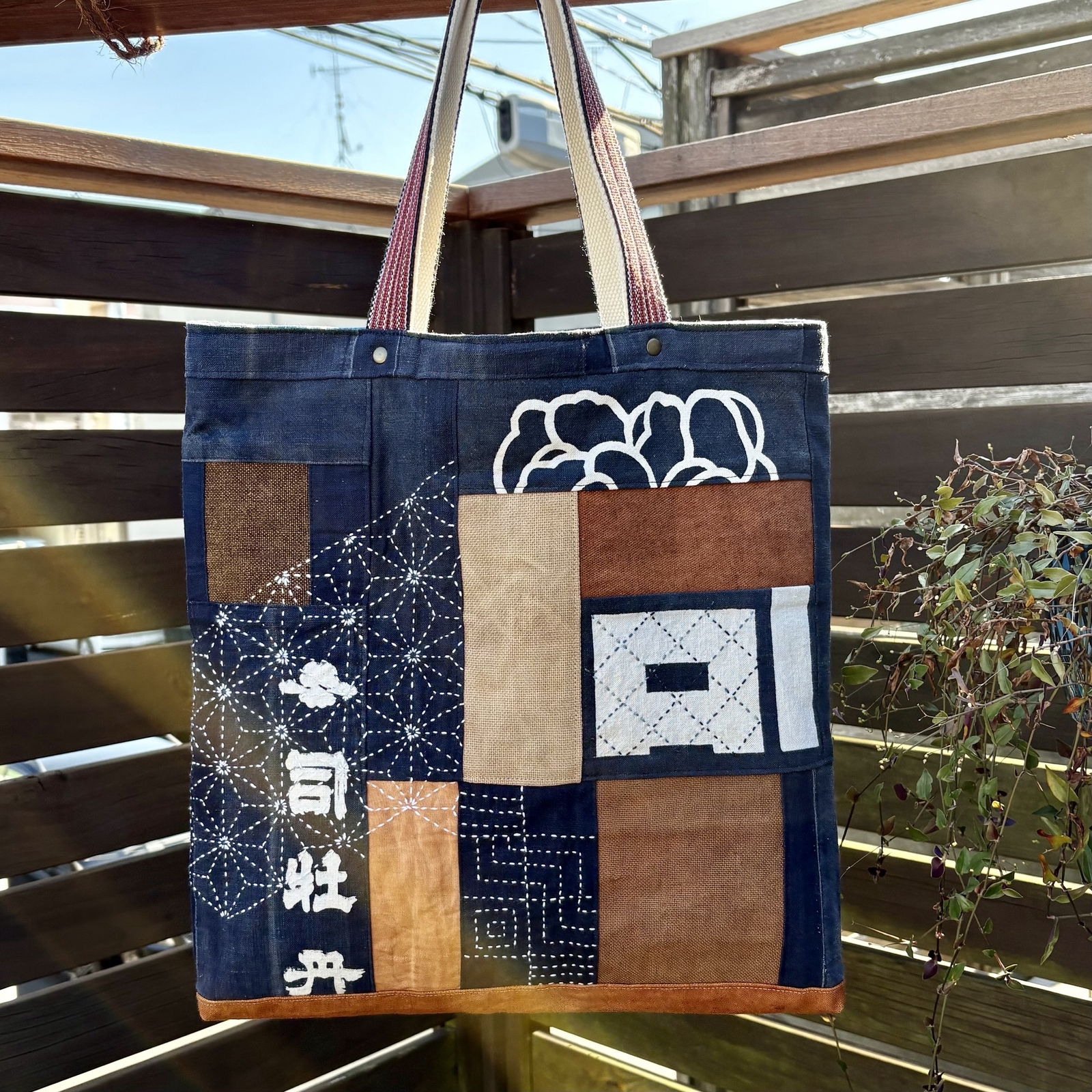藍染印半纏古布リメイク 蝶の刺し子 和のトートバッグ 古布