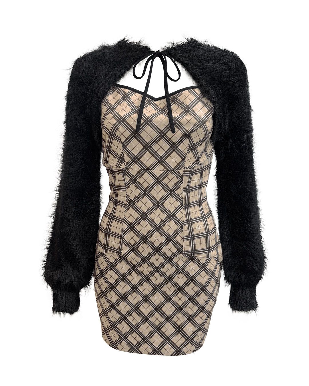 オリジナルチェック柄アンサンブルミニワンピース ベージュ