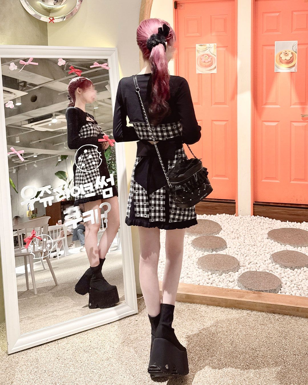 バックリボン×ギンガムハートアンサンブルワンピース グレー