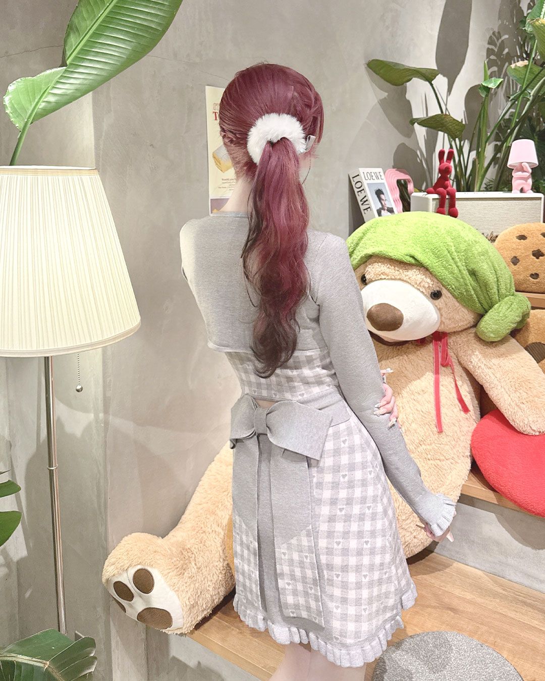 バックリボン×ギンガムハートアンサンブルワンピース グレー